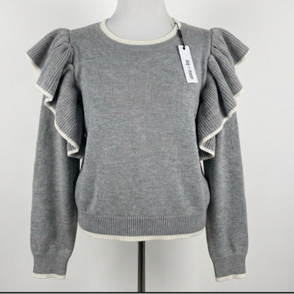 NWT Day + Moon Womens Gray Ruffled Sleeve Sweater Size M